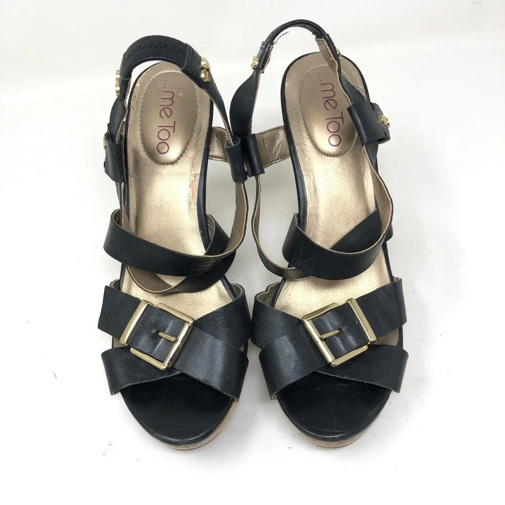 VTG Wooden Sandals Me Too‎ Womens 8.5M Ebony Leather Black Wood Heel Buckle